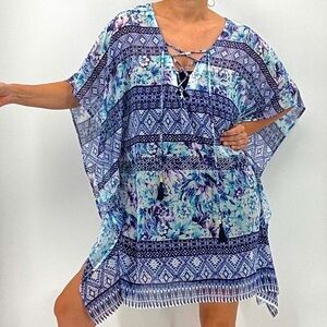 Tommy Bahama NEW Aqua Petals Lace Up Tassel Boho Tunic Caftan Swim Cover Up NWT